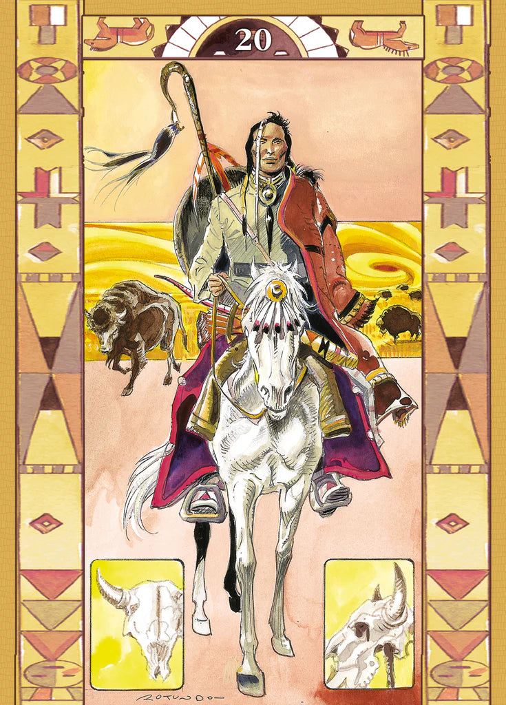 Illustration of a Native American figure on a horse with decorative elements and symbols.