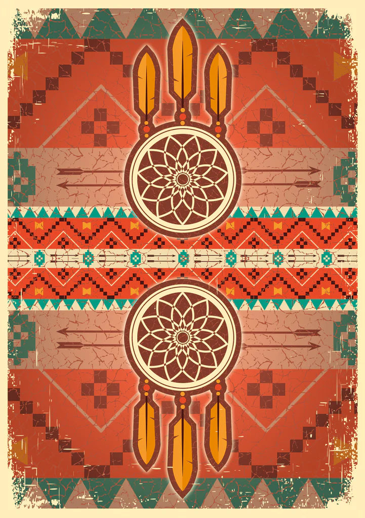 Decorative poster with geometric patterns and dreamcatcher design on a beige background