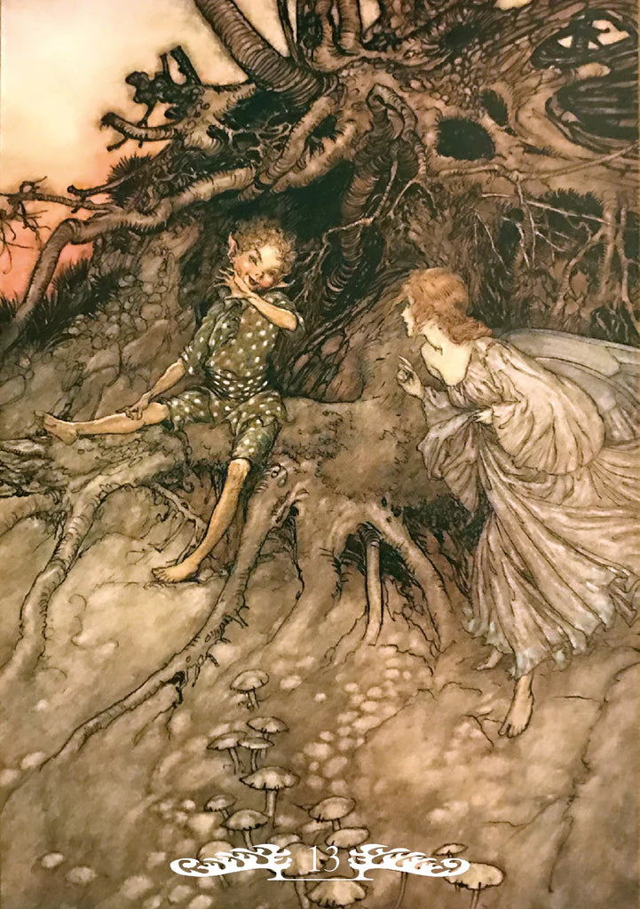 Fairy tale illustration of a fairy and a fairy child in a forest setting.