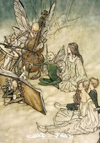 Illustration of fairies and a woman in a natural setting
