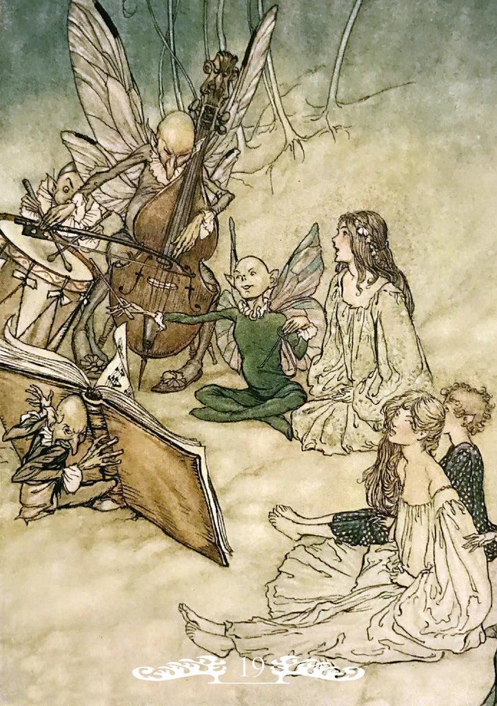 Illustration of fairies and a woman in a natural setting