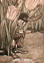 Illustration of a fairy peeking from behind flowers