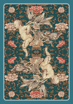 Decorative design with cherubs and floral elements on a teal background