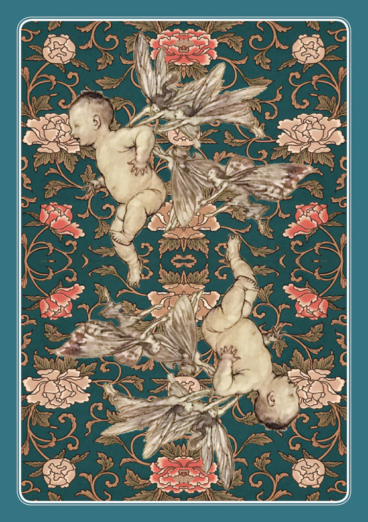 Decorative design with cherubs and floral elements on a teal background