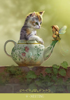 Cat sitting on a teapot with a fairy, surrounded by greenery