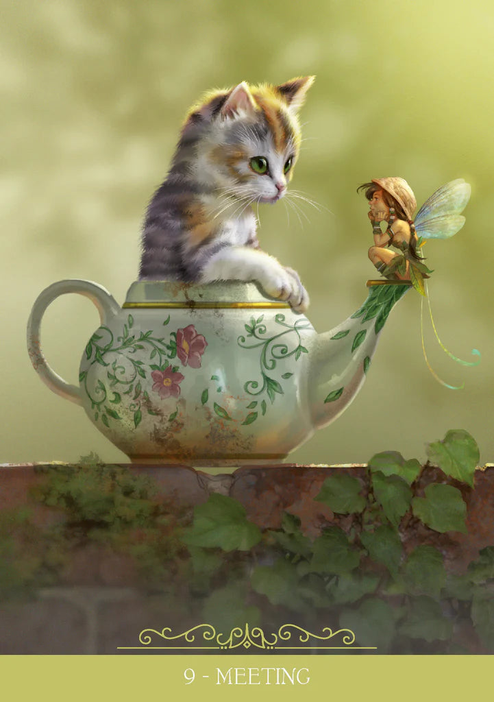 Cat sitting on a teapot with a fairy, surrounded by greenery