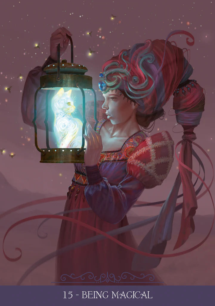 Illustration of a person holding a glowing lantern against a starry background, with text '15 - Being Magical' at the bottom.