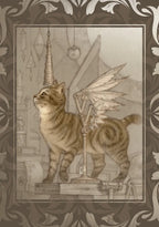Illustration of a cat with mechanical wings in an ornate frame