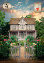 Stylized house with card symbols '4' and 'K' on a scenic background