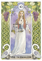 Tarot card featuring a woman holding scales with grapes and swans, labeled 'Vine: The Equalizer'.