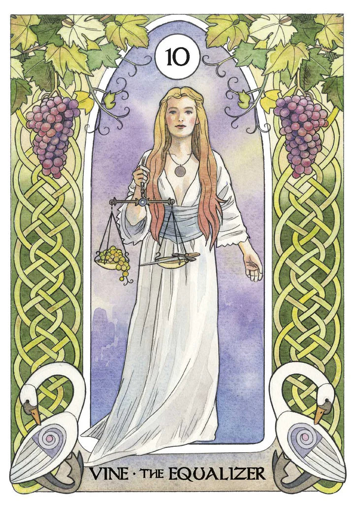Tarot card featuring a woman holding scales with grapes and swans, labeled 'Vine: The Equalizer'.
