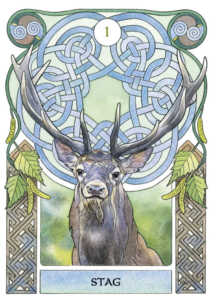 Card featuring a stag with intricate Celtic knotwork and natural elements.