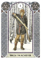 Card featuring a character holding a sword in a snowy landscape with decorative border
