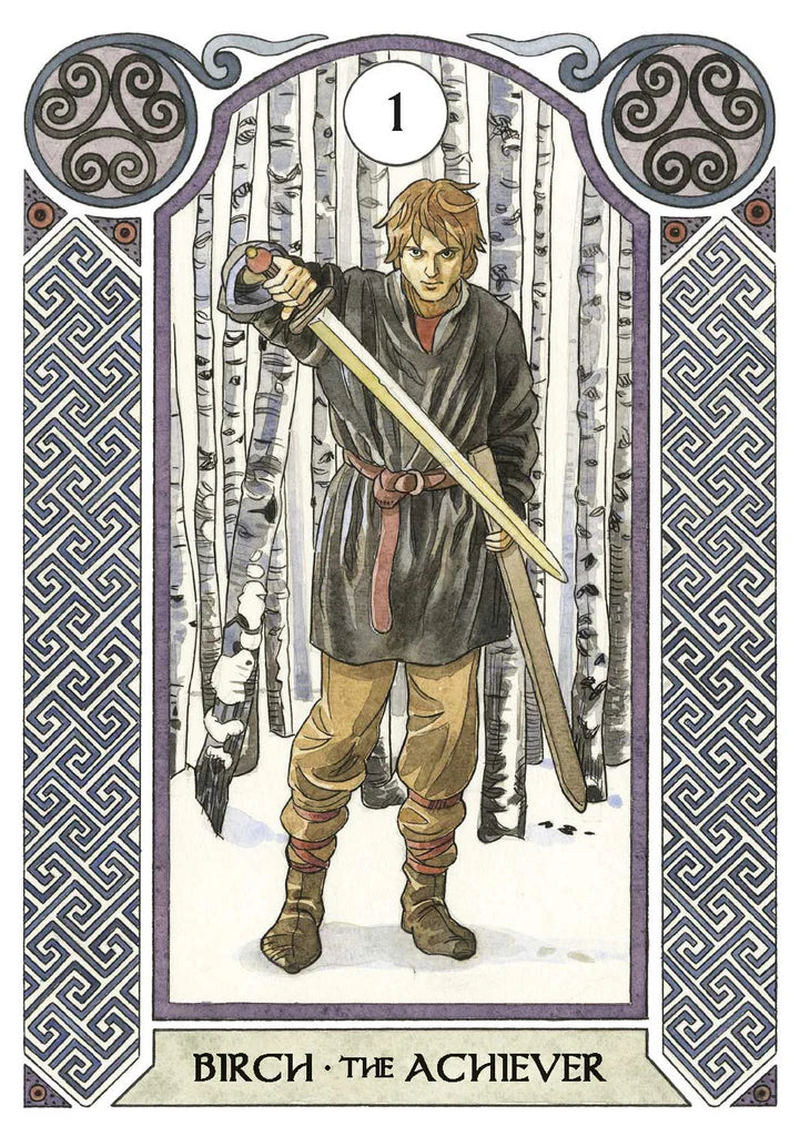 Card featuring a character holding a sword in a snowy landscape with decorative border