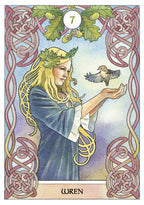 Tarot card featuring a woman with a bird, framed by Celtic knotwork
