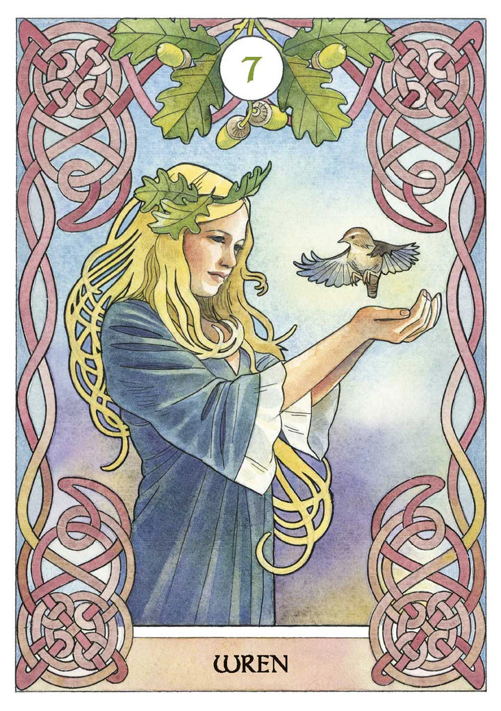 Tarot card featuring a woman with a bird, framed by Celtic knotwork