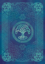 Decorative design with Celtic knot patterns and a central tree symbol on a blue background