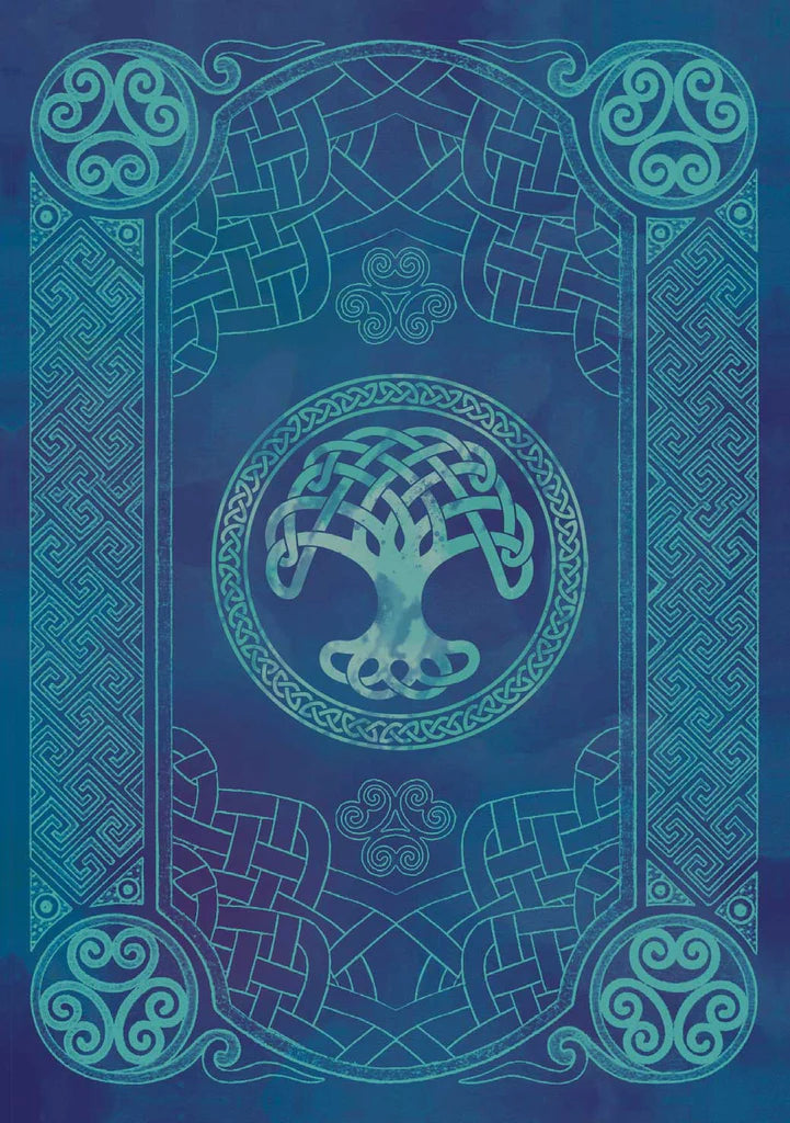 Decorative design with Celtic knot patterns and a central tree symbol on a blue background