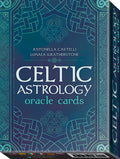 Celtic Astrology oracle cards with decorative blue design on a black background