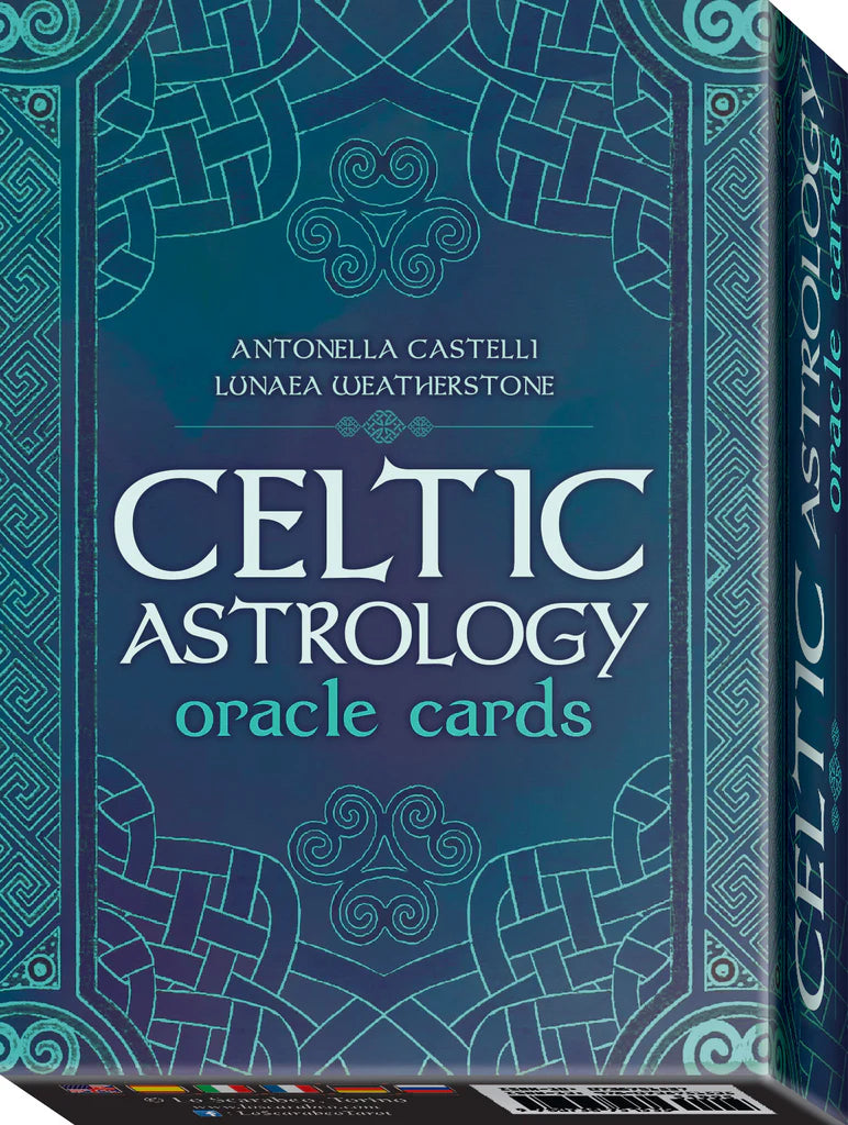 Celtic Astrology oracle cards with decorative blue design on a black background