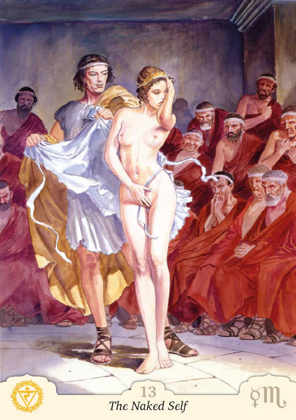 Illustration of a tarot card titled 'The Naked Self' with a central figure and surrounding figures.