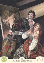 Illustration of a man and woman embracing with a painting in the background, featuring the number 16 and text 'For Better and for Worse'.