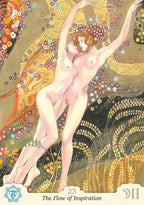 Artistic depiction of a nude figure with flowing hair and floral elements, labeled 'The Flow of Inspiration'.