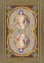 Decorative tapestry with a stylized female figure in an ornate frame. The back of the Manara Erotic Oracle cards