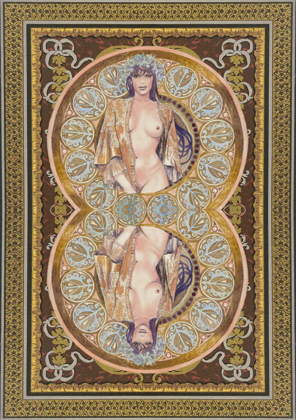Decorative tapestry with a stylized female figure in an ornate frame. The back of the Manara Erotic Oracle cards