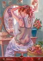 Illustration of a woman in lingerie sitting in front of a mirror with a man's reflection, surrounded by flowers and fruit.