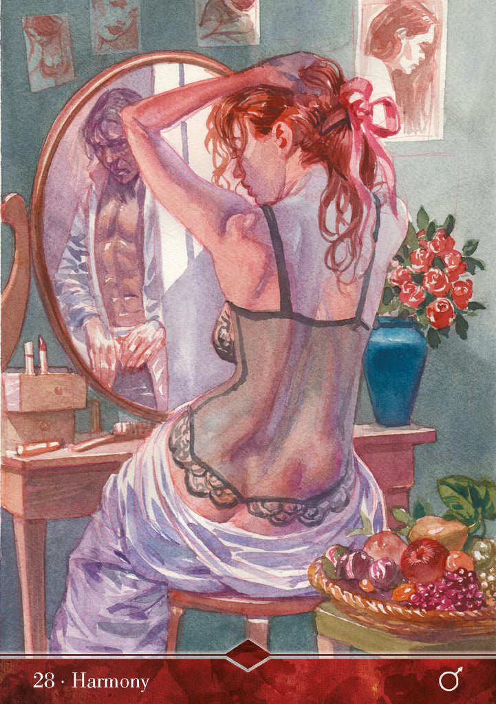 Illustration of a woman in lingerie sitting in front of a mirror with a man's reflection, surrounded by flowers and fruit.