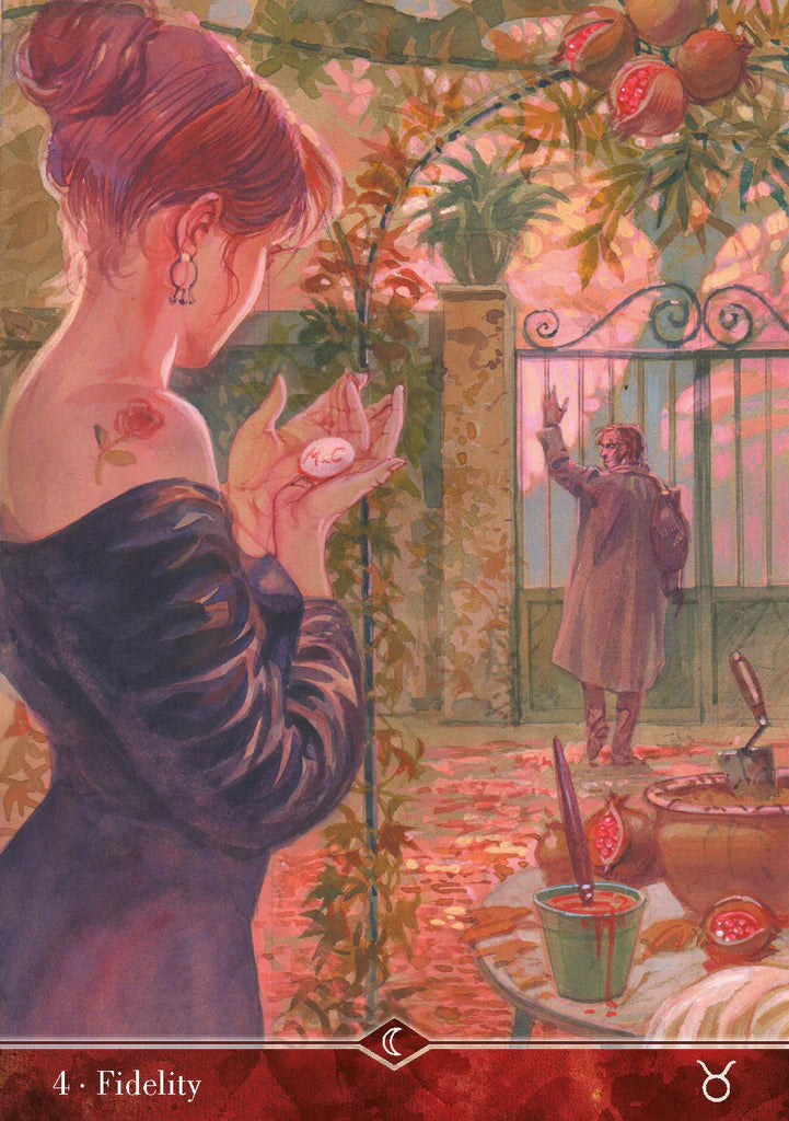 Artistic depiction of a woman in a garden with a man in the background, holding a pink object.