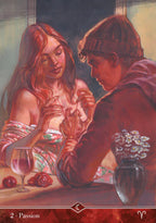Artistic depiction of a couple at a table with a glass of wine and flowers, labeled 'Passion'.
