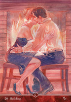 Illustration of a couple embracing on a bench with a warm, intimate atmosphere.