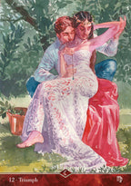 Tarot card titled 'Triumph' featuring a couple sitting together in a garden setting.