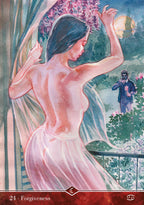 Artistic depiction of a woman in a garden with a man in the background, labeled 'Forgiveness'.