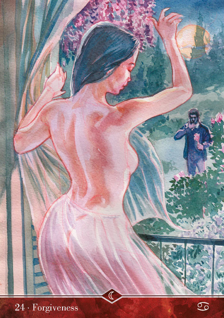 Artistic depiction of a woman in a garden with a man in the background, labeled 'Forgiveness'.