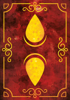 Two yellow teardrop shapes on a red background with decorative gold border