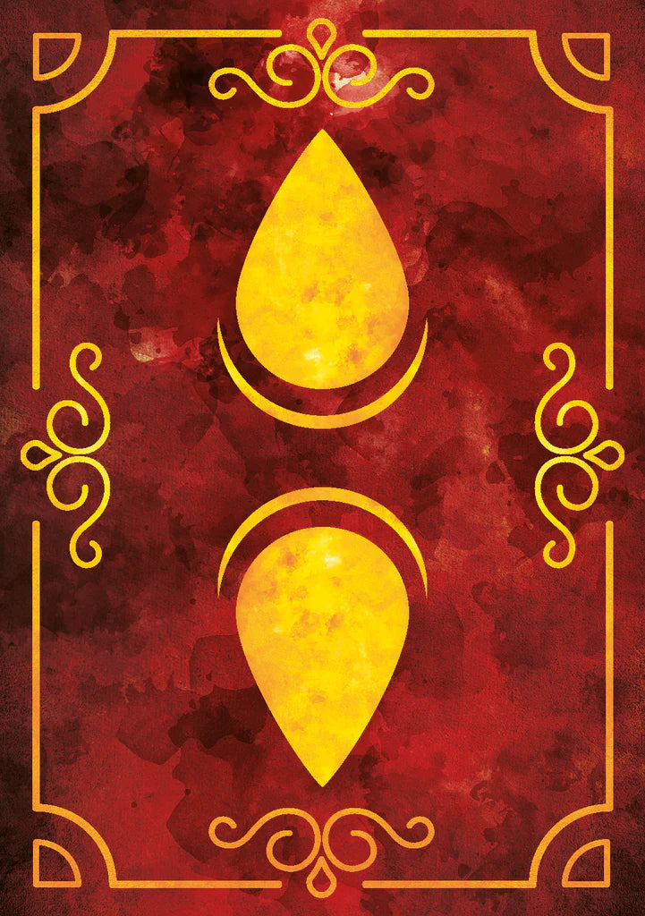 Two yellow teardrop shapes on a red background with decorative gold border