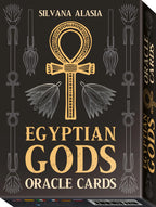 Box of Egyptian Gods Oracle Cards with an ankh symbol on a black background