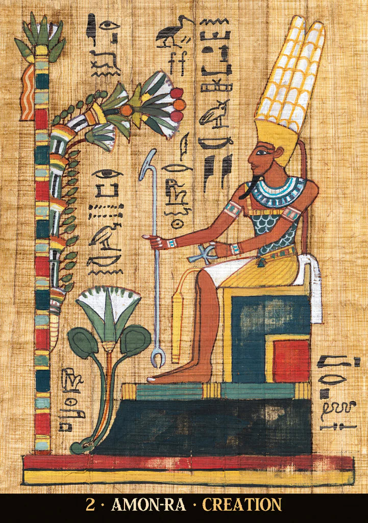 Egyptian papyrus with Amon-Ra and hieroglyphics on a textured background