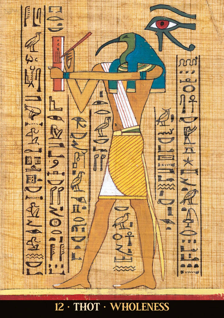 Illustration of an Egyptian deity with hieroglyphics on a papyrus-like background