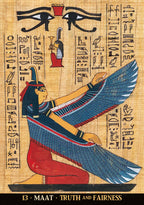 Decorative design of Maat, the goddess of truth and fairness, on a background with hieroglyphics.