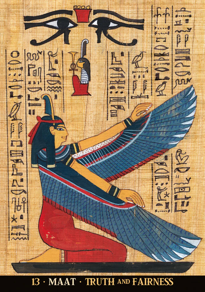 Decorative design of Maat, the goddess of truth and fairness, on a background with hieroglyphics.
