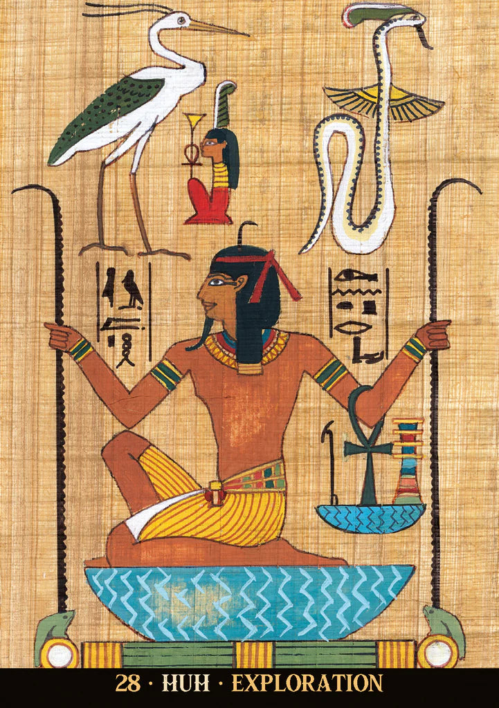 Egyptian-themed artwork with hieroglyphics and symbols on a textured background
