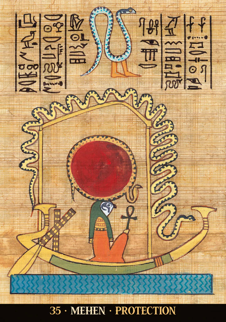 Decorative design with ancient Egyptian symbols and a central figure on a textured background.