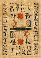 Ancient Egyptian papyrus with hieroglyphics and a sun disk