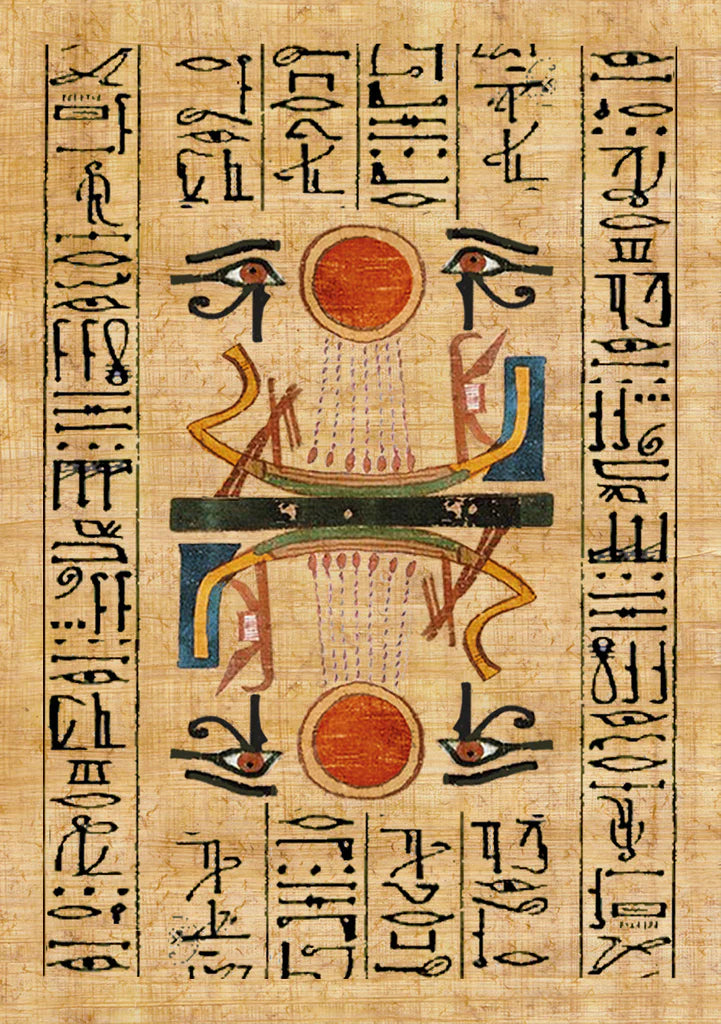 Ancient Egyptian papyrus with hieroglyphics and a sun disk