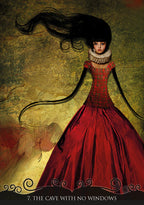 Artistic depiction of a woman in a red dress with long black hair against a textured background.