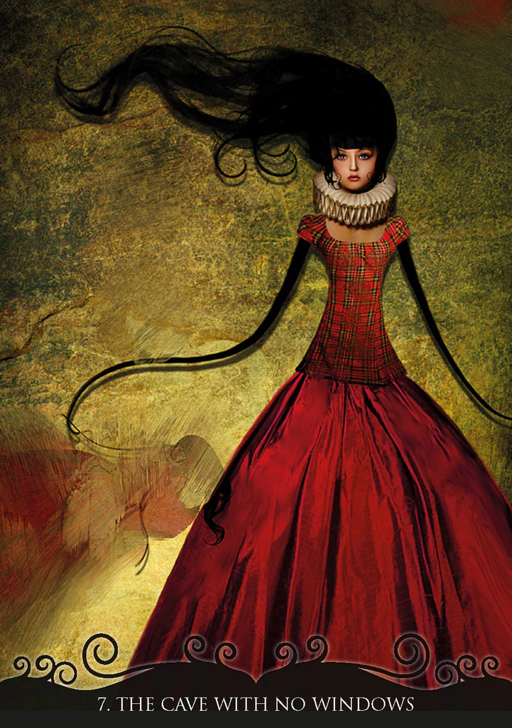 Artistic depiction of a woman in a red dress with long black hair against a textured background.